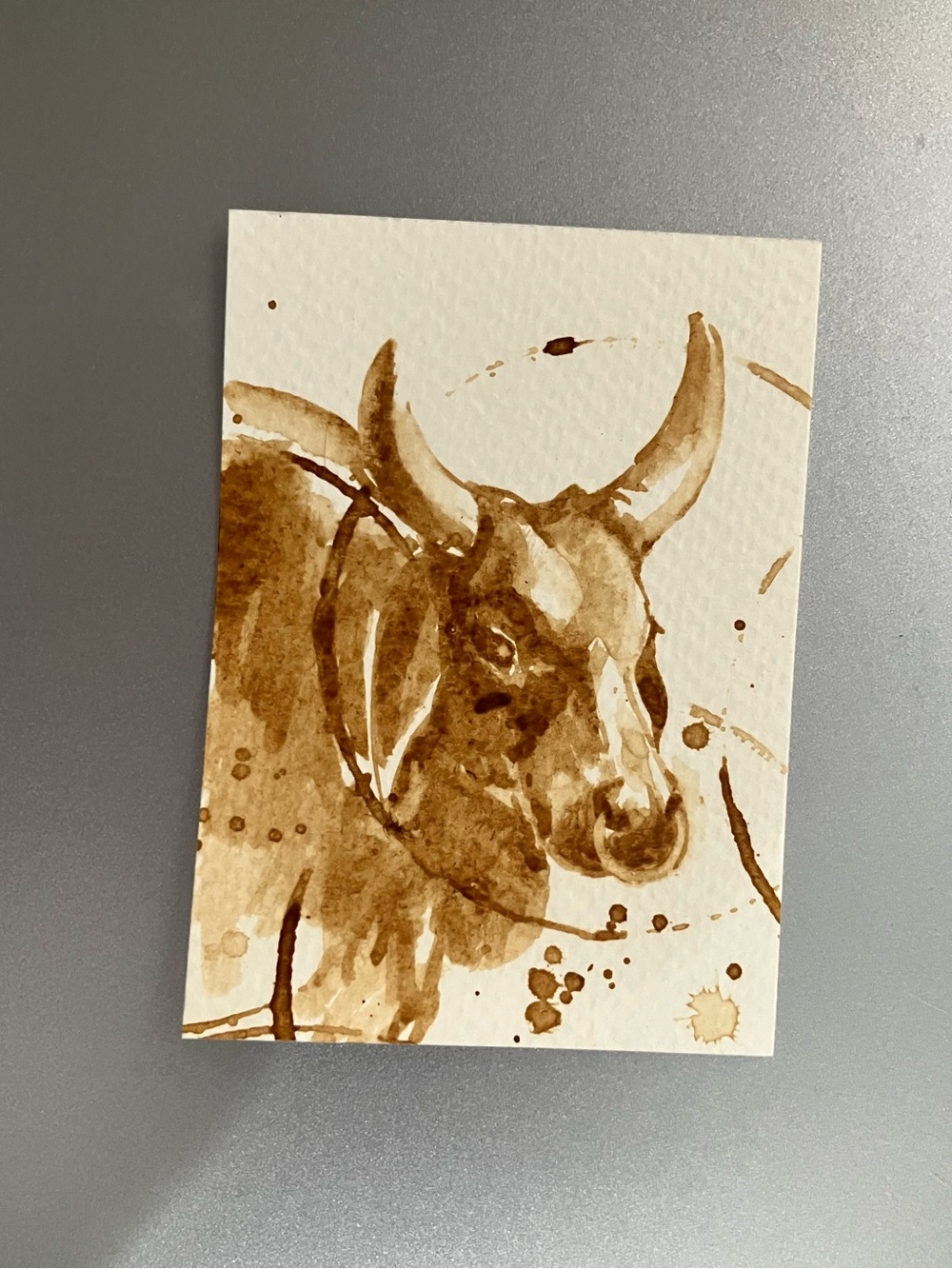 ORIGINAL coffee cow painting bull art miniature realism ACEO artwork farmhouse